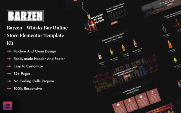 Barzen – Whisky Bar Online Store Elementor Template Kit Elementor Kit