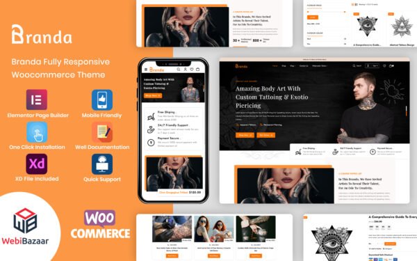 Branda – Tattoo Artist & Hair Salon WooCommerce Template WooCommerce Theme