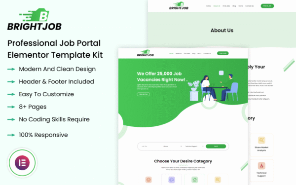 Brightjob – Professional Job Portal Elementor Template Kit Elementor Kit