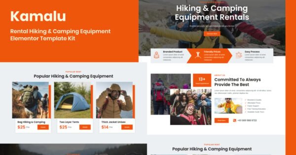 Kamalu – Rental Hiking & Camping Equipment Elementor Pro Template Kit
