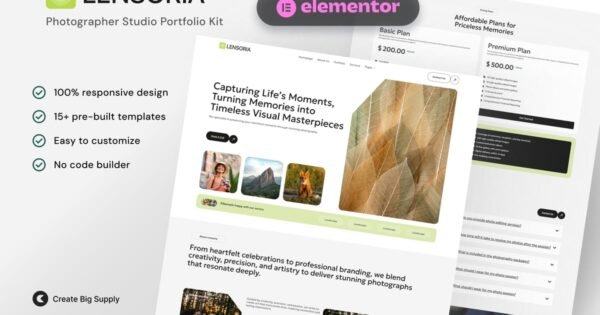Lensoria – Photographer Studio Portfolio Elementor Template Kit