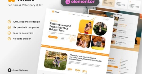 VetCare – Pet Care & Veterinary Elementor Template Kit for Animal Clinics