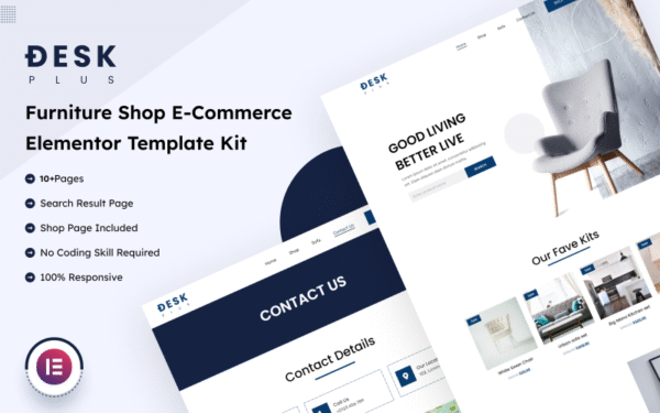 DeskPlus – Furniture Shop E-Commerce Elementor Template Kit Elementor Kit