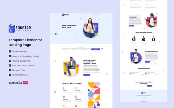 Edustar – School, Collages and University Education Ready to Use Elementor Template Elementor Kit