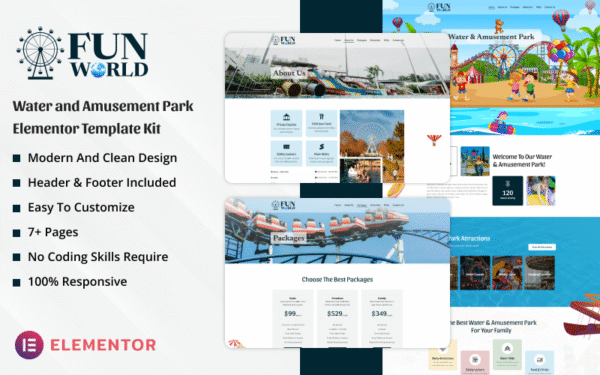 Fun World – Water and Amusement Park Elementor Template Kit Elementor Kit