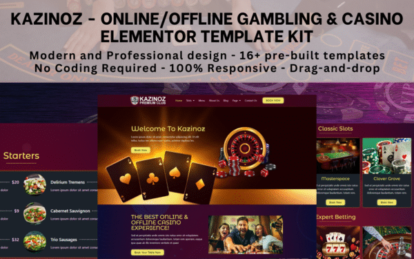 Kazinoz – Online/Offline Gambling & Casino Elementor Template Kit Elementor Kit