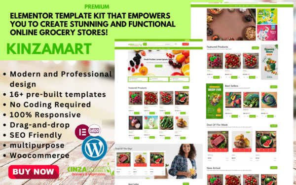 Kinza Mart – Elementor Template Kit WooCommerce Grocery & Healthy Food Stores Elementor Kit