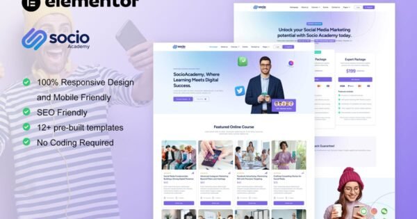 SocioAcademy – Social Media Management Course Elementor Template Kit