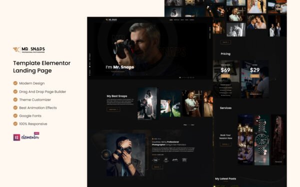 Mr Snaps Photography – studio showcase weddig event Elementor Landing page Elementor Kit