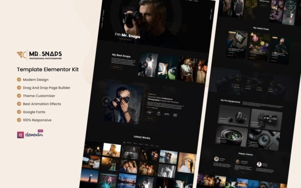 Mr Snaps – Professional Photography Studio Elementor Template Kit Elementor Kit