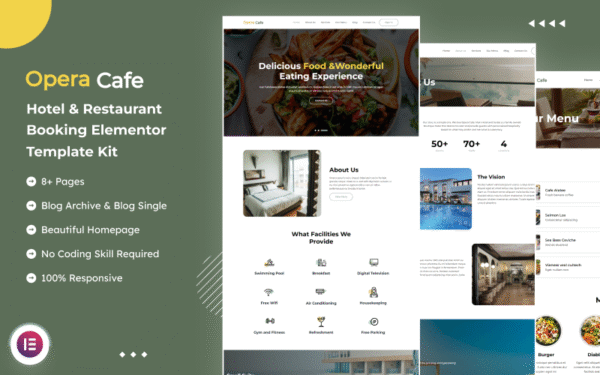 OperaCafe – Hotel & Restaurant Booking Elementor Template Kit Elementor Kit