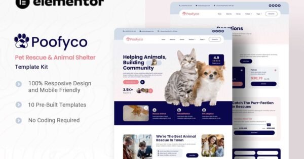 Poofyco – Pet Rescue & Animal Shelter Elementor Template Kit