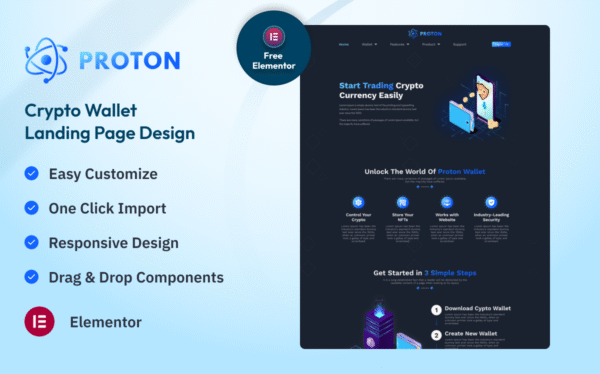 Proton Crypto Wallet Landing Page Elementor Kit