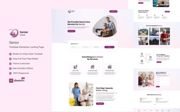 Senior Shield – Home Care Services Ready to use Elementor Landing Page Template Elementor Kit