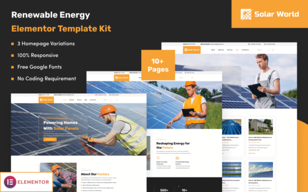 Solar World – Renewable Energy Elementor Template Kit Elementor Kit