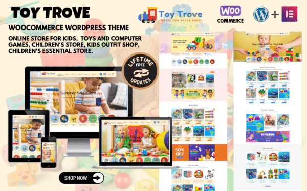 Toy Trove – WooCommerce Elementor WordPress theme for kids’ toys, apparel, gift items, and more. WordPress Theme