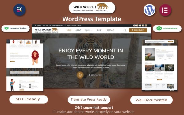 Wild World – Wild Life, Animal Zoo, Reptile & Photography Template WordPress Theme